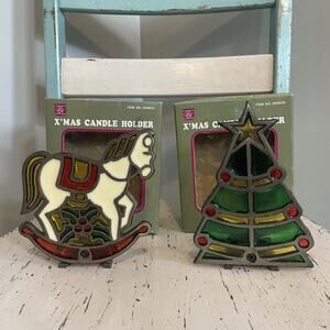 VTG Stained Glass Christmas Votive Candle‎ Holders Cast Iron Rocking Horse Tree
